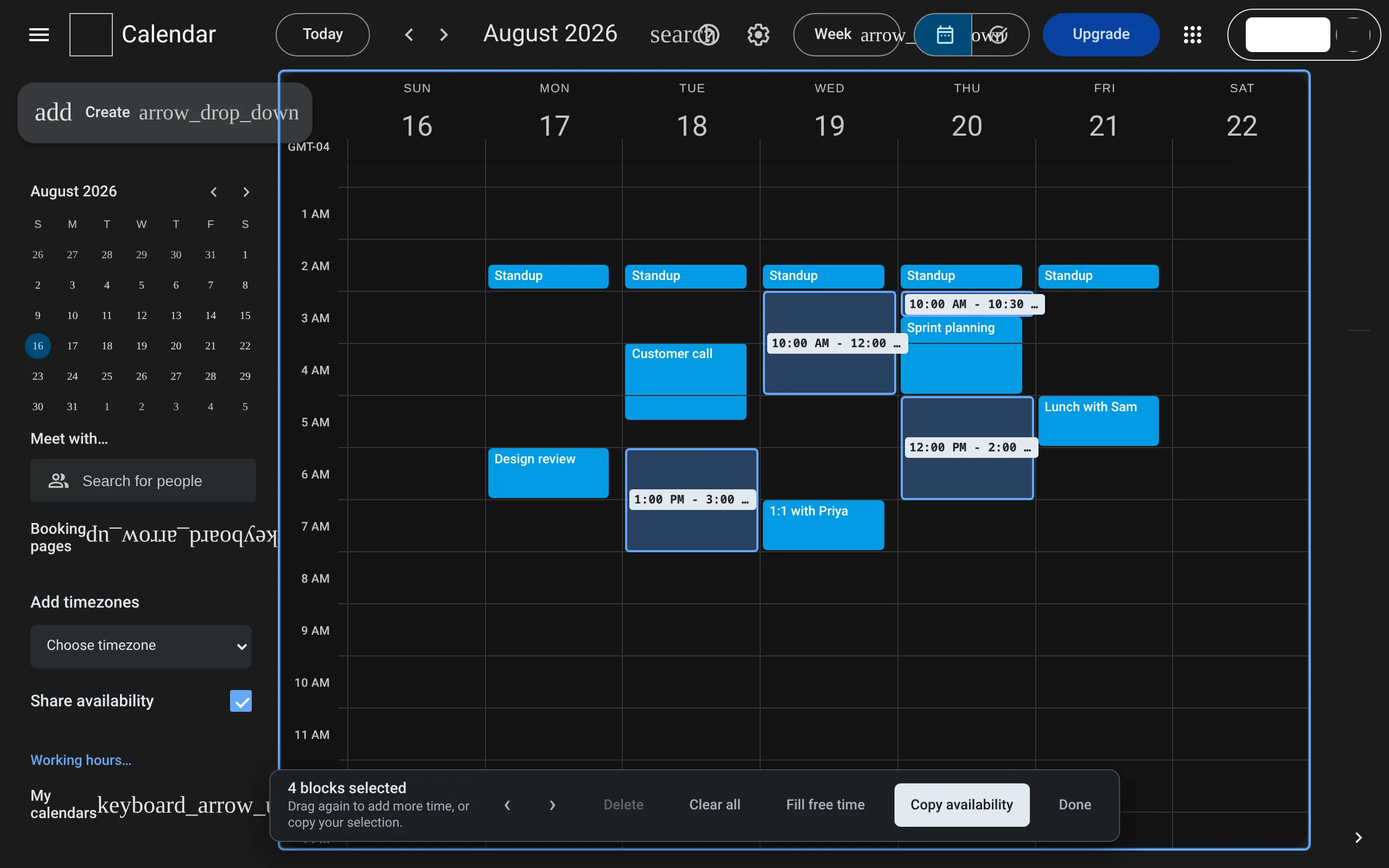 Google Calendar week view with Slotclip turned on. Three blocks of open time are selected between meetings on Tuesday, Wednesday and Thursday, and Slotclip’s bar along the bottom offers Copy availability.