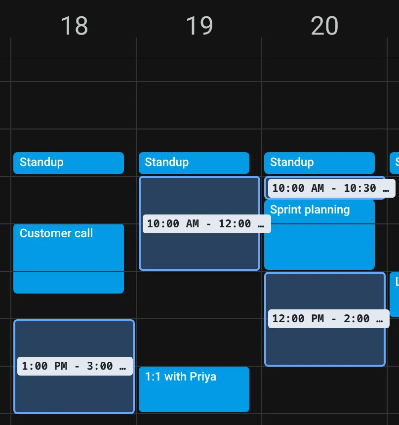 Close-up of Tuesday to Thursday. Thursday has two selected blocks, 10:00 to 10:30 and 12:00 to 2:00, with the Sprint planning meeting between them.